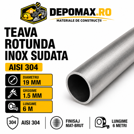 Teava rotunda inox sudata AISI 304, 19 x 1.5 mm, 6 metri